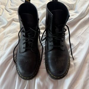 Dr. Martens Black Leather Boots with Yellow Stitching